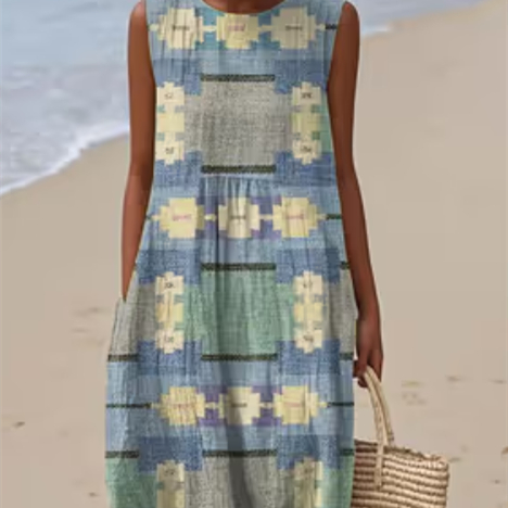 Women'S Round Neck Sleeveless Color-Block Printed Dress