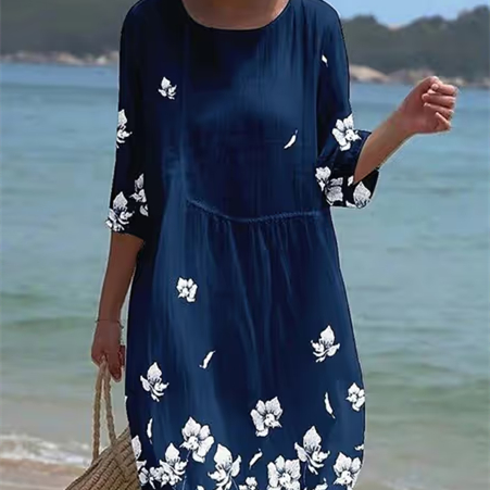 Women's Casual Round Neck Mid Sleeve Print Cotton And Linen Dress