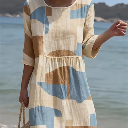 Women's Casual Round Neck Mid Sleeve Print Cotton And Linen Dress
