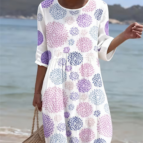 Women's Casual Round Neck Mid Sleeve Print Cotton And Linen Dress