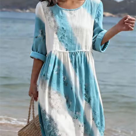 Women's Casual Round Neck Mid Sleeve Print Cotton And Linen Dress