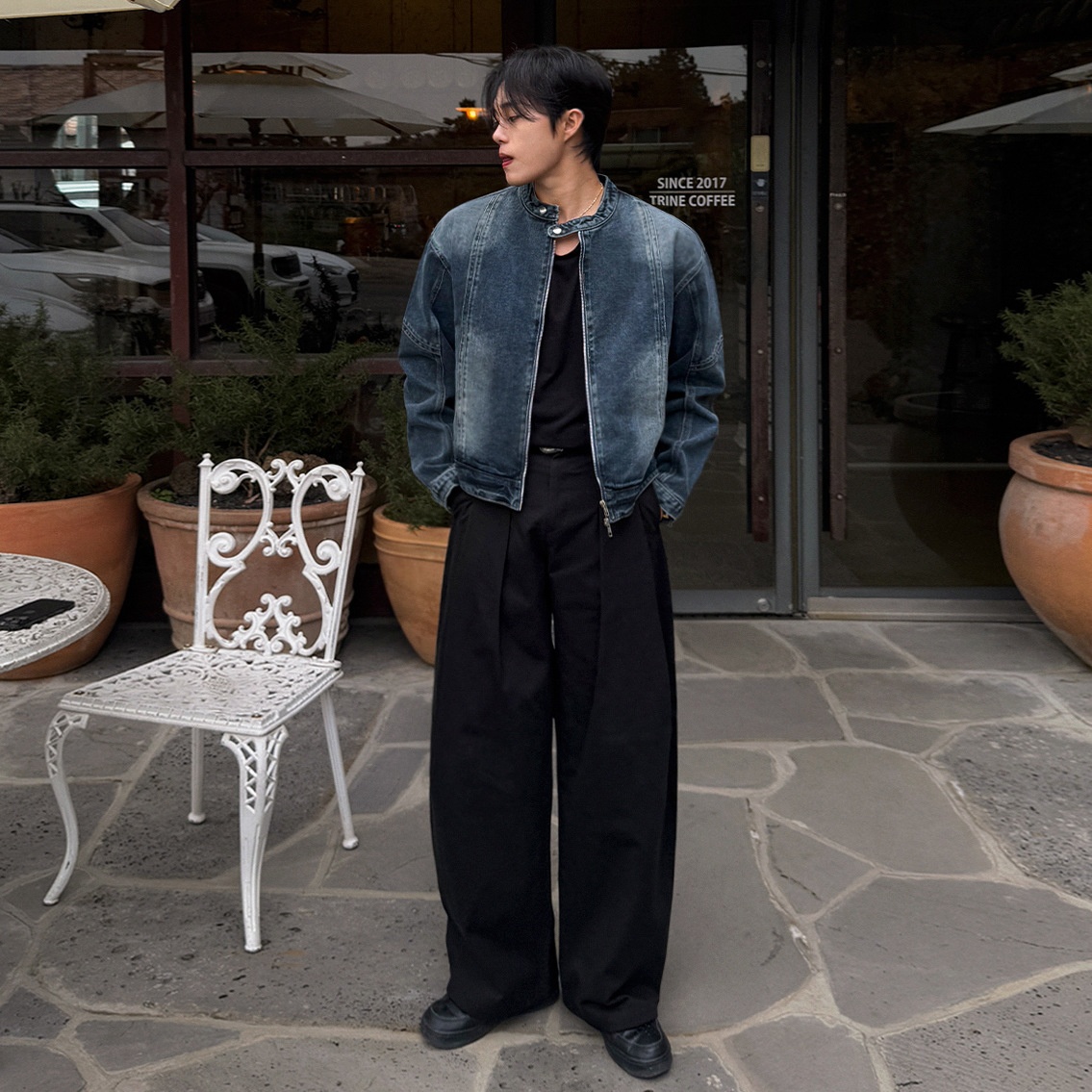 Loose-fit Stand-up Collar Jacket Cropped Denim Jacket Loose-fit Stand-up Collar Jacket Cropped Denim Jacket