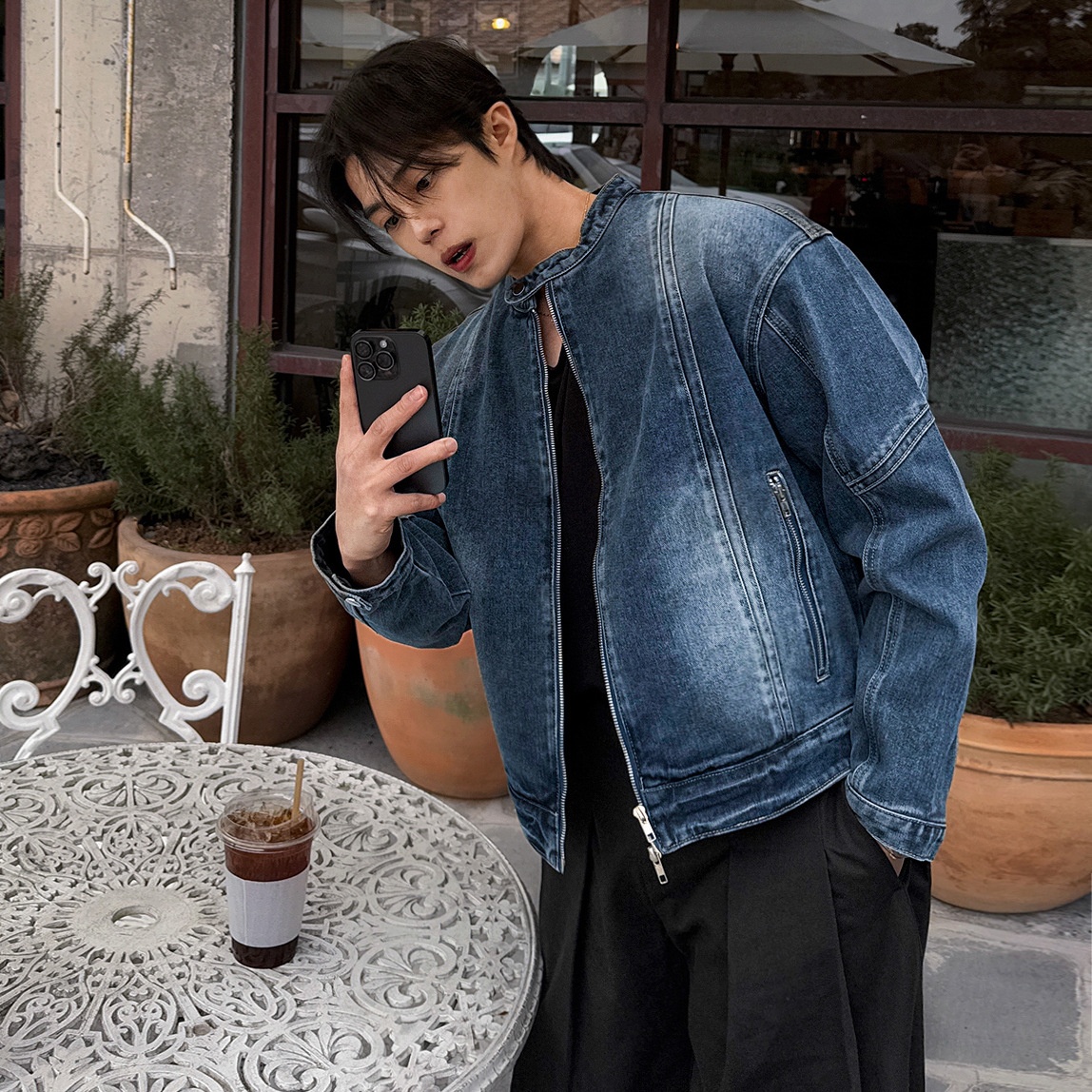 Loose-fit Stand-up Collar Jacket Cropped Denim Jacket Loose-fit Stand-up Collar Jacket Cropped Denim Jacket