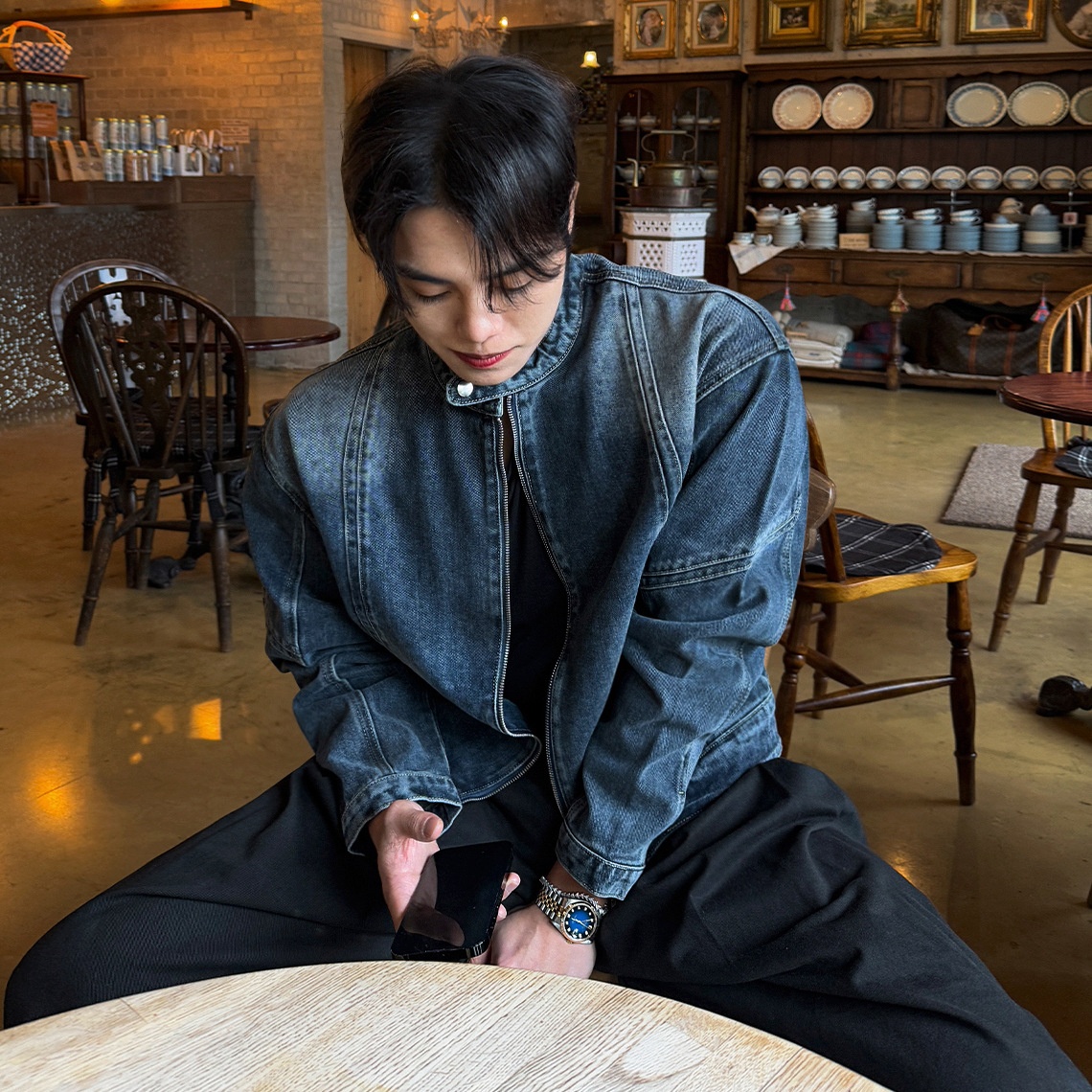 Loose-fit Stand-up Collar Jacket Cropped Denim Jacket Loose-fit Stand-up Collar Jacket Cropped Denim Jacket