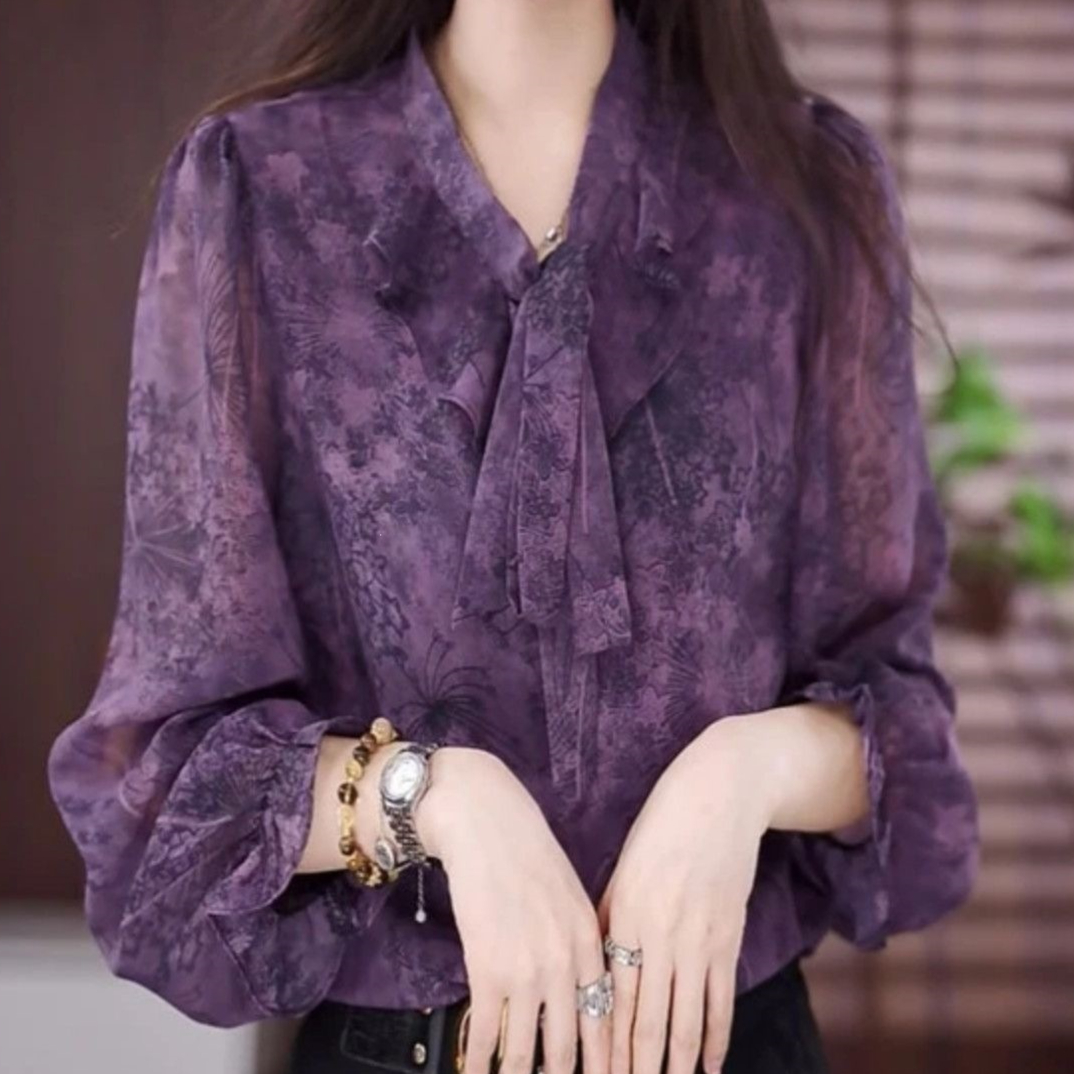 Fashionable Long-Sleeve Floral Chiffon Shirt