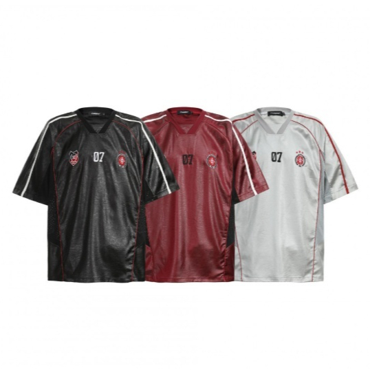 Badge-embroidered Biker-style PU Leather And Mesh V-neck Short-sleeve T-shirt