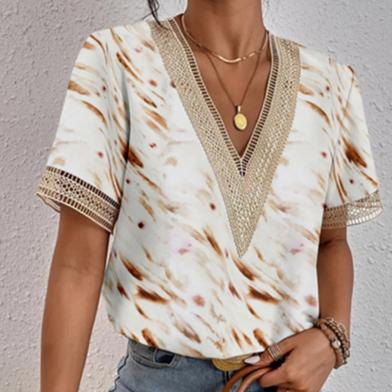 Vintage Brown & White Tie-Dye Print Lace Trim Top