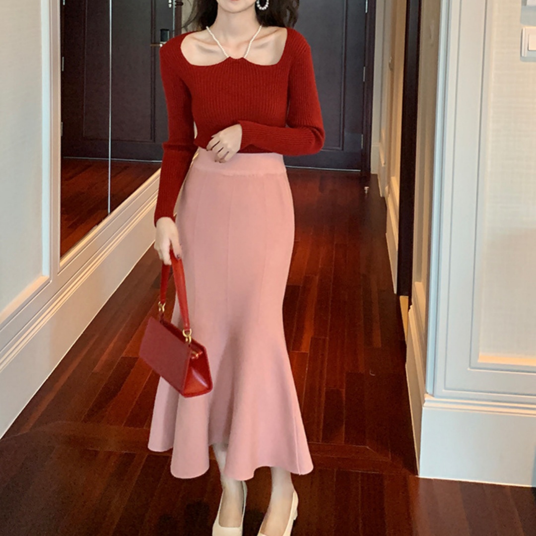 Womens Solid-Colored French-Style Retro High-Waist Knitted Fishtail Skirt