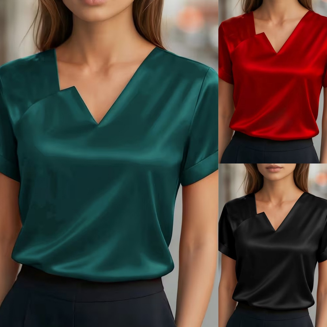 Satin Asymmetric V-Neck Short-Sleeve Shirt For Women