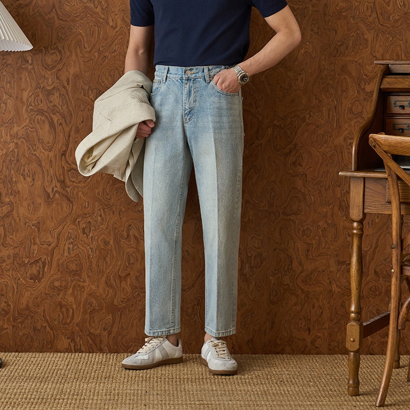 Cotton Retro Straight High Waist Wash Jeans Trousers