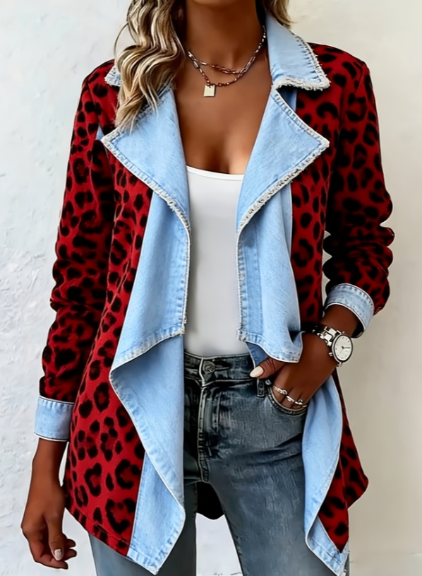 Patchwork Denim Collar Women's Long-sleeved Mid-length Coat