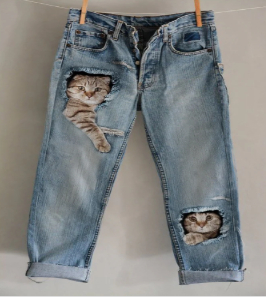 New 3D Heat-transfer Printed Flared Jeans-style Trousers In Faux Denim