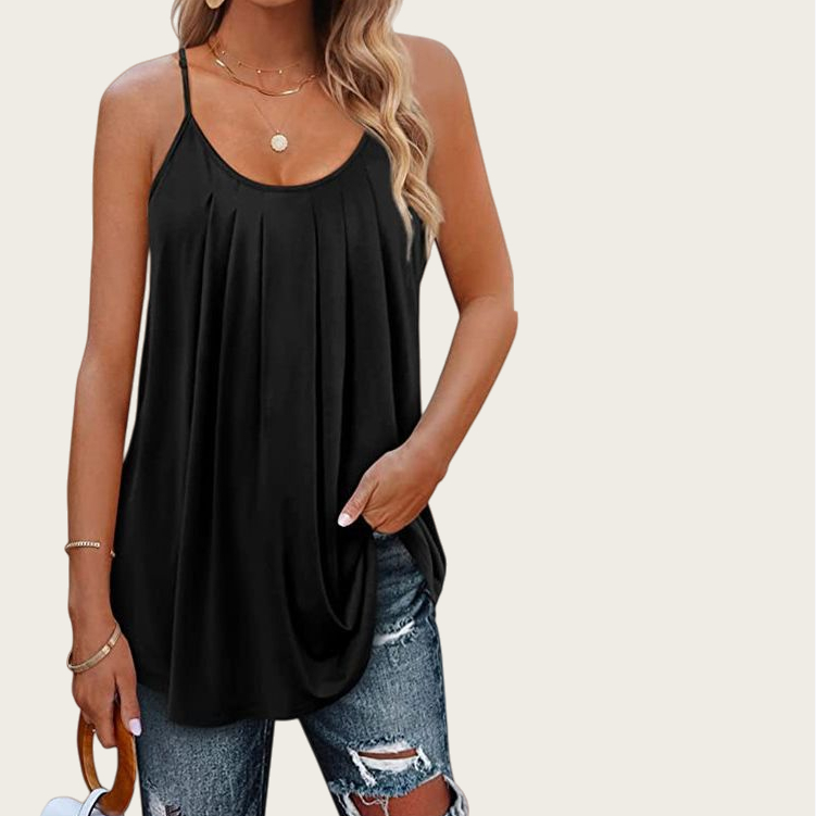 Women's Casual Summer Pleated Round Neck Keyhole Loose Top
