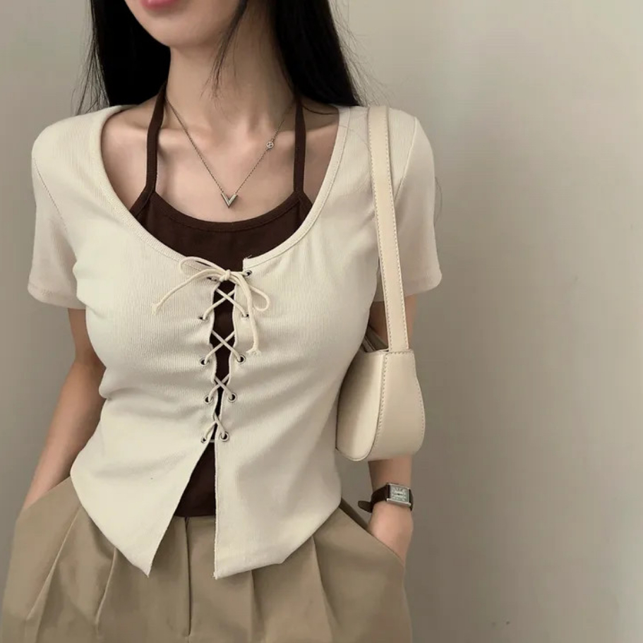 Cross-Strap Mock Two-Piece Spliced Halter Short-Sleeve T-Shirt