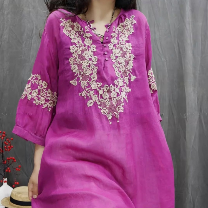 Retro Cotton-Linen Heavy-Embroidery Artistic All-Match Shirt Dress — image 1