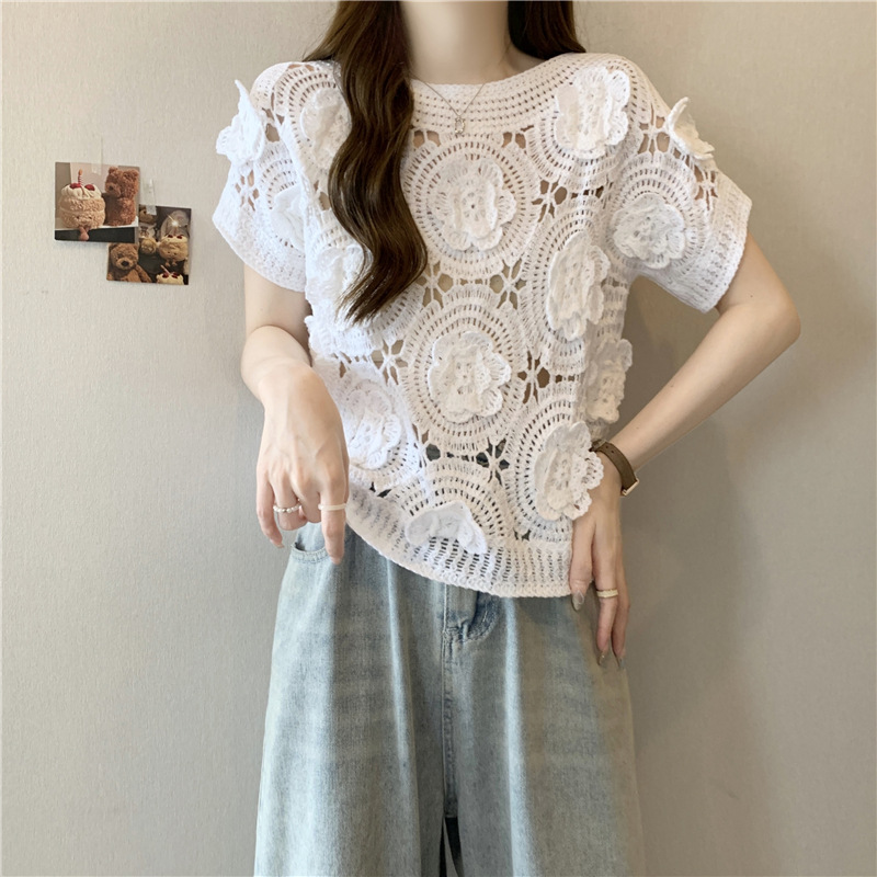 Summer 3D Floral Hollow-Out Crew-Neck Knitted Sweater For Women