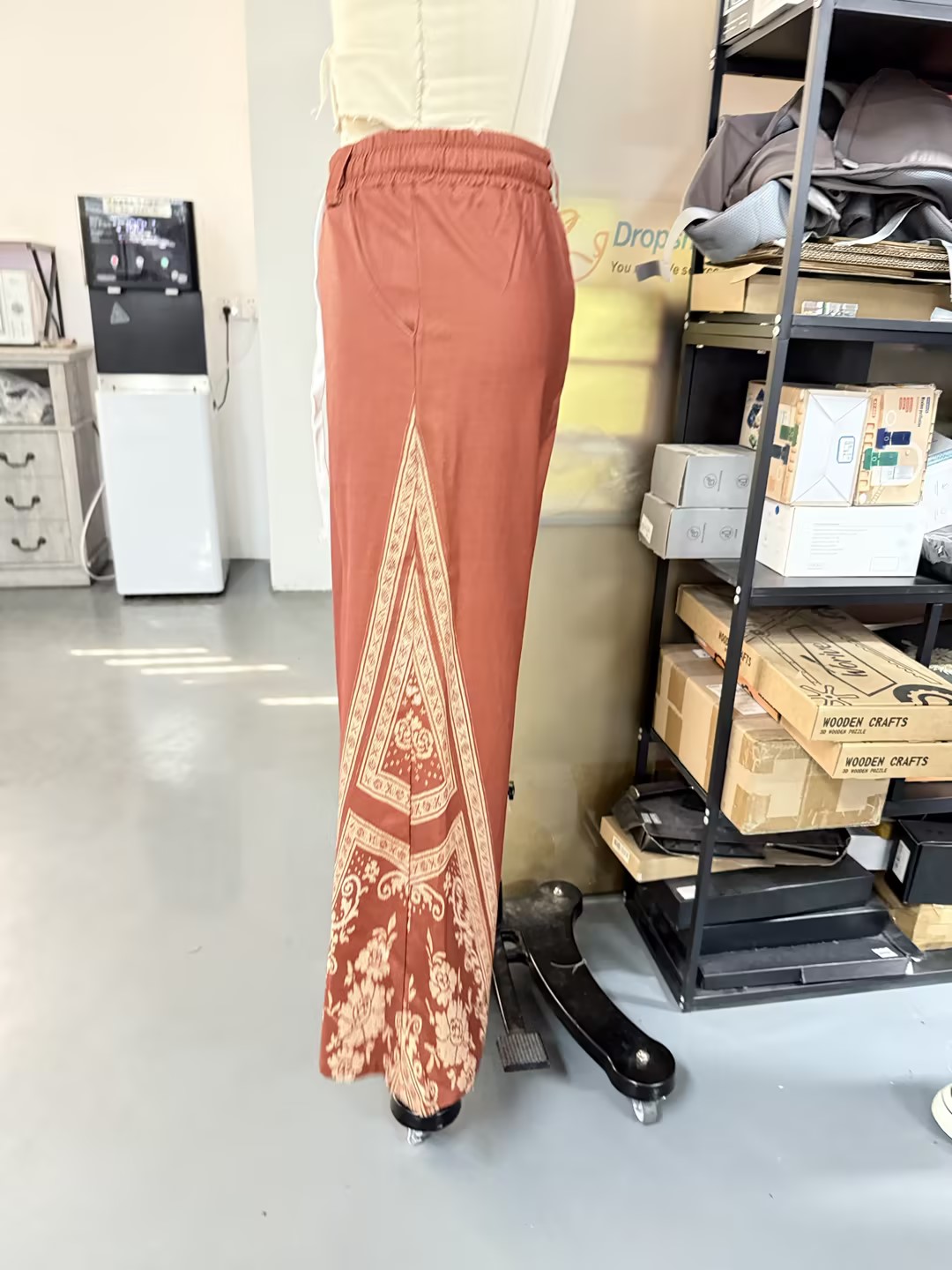 Pantalon large rétro patchwork pour femme, pantalon évasé drapé taille haute, pantalon décontracté à nouer de style ethnique
