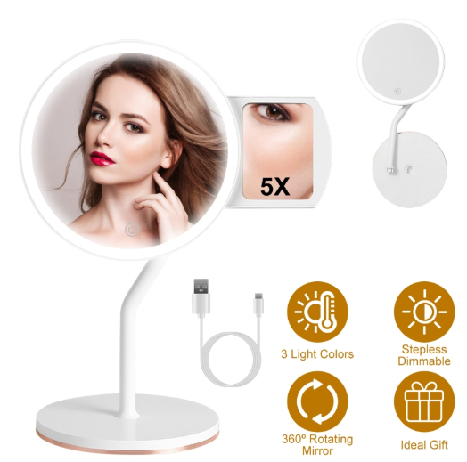 1Pc 7.48In 5X Magnifying Lighted Makeup Mirror Dimmable Magnification Mirror With Lights Lighted Vanity Mirror With 3 Light Colors