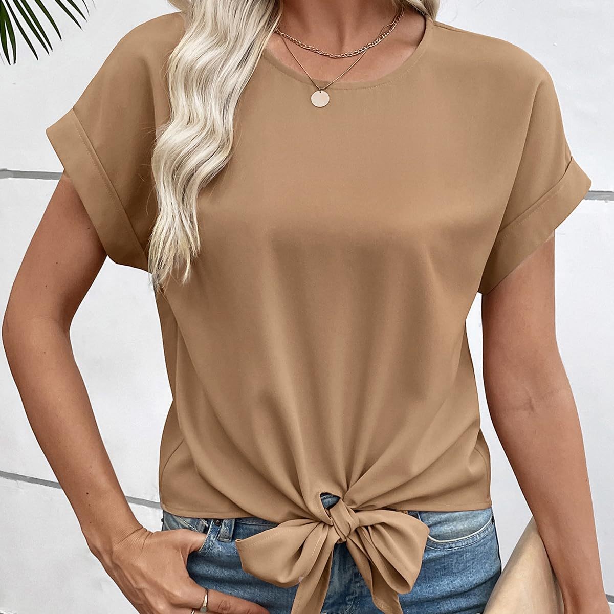 Bow-tied Hem Short-sleeve Shirt Round-neck Pullover