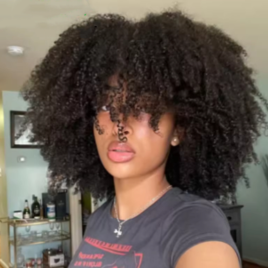Afro Kinky Curly Human Hair Glueless Wigs With Bangs 4B 4C