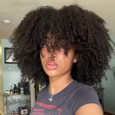 Afro Kinky Curly Human Hair Glueless Wigs with Bangs