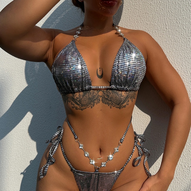 Silver Glossy Bikini Diamond Chain Swimsuit