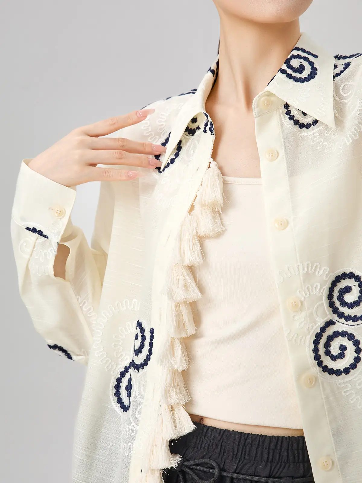 Resort-style White Tassel Long-sleeve Sun-protective Shirt