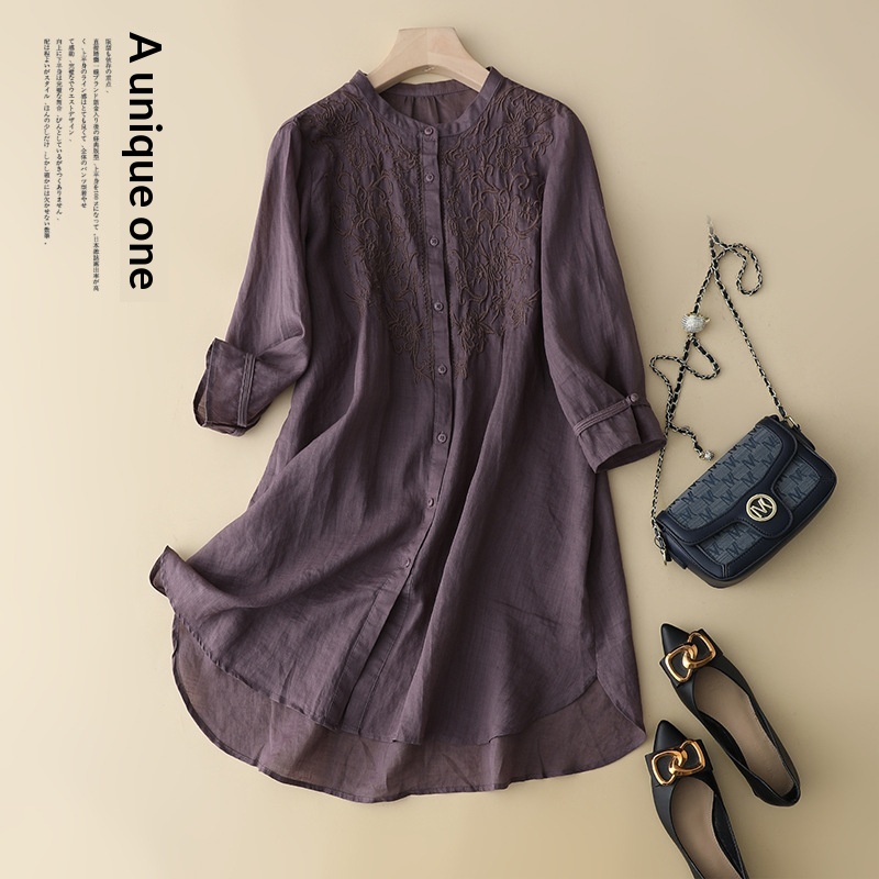 Mid-length Embroidered Cotton-linen Loose-fitting Dress For Women — image 1