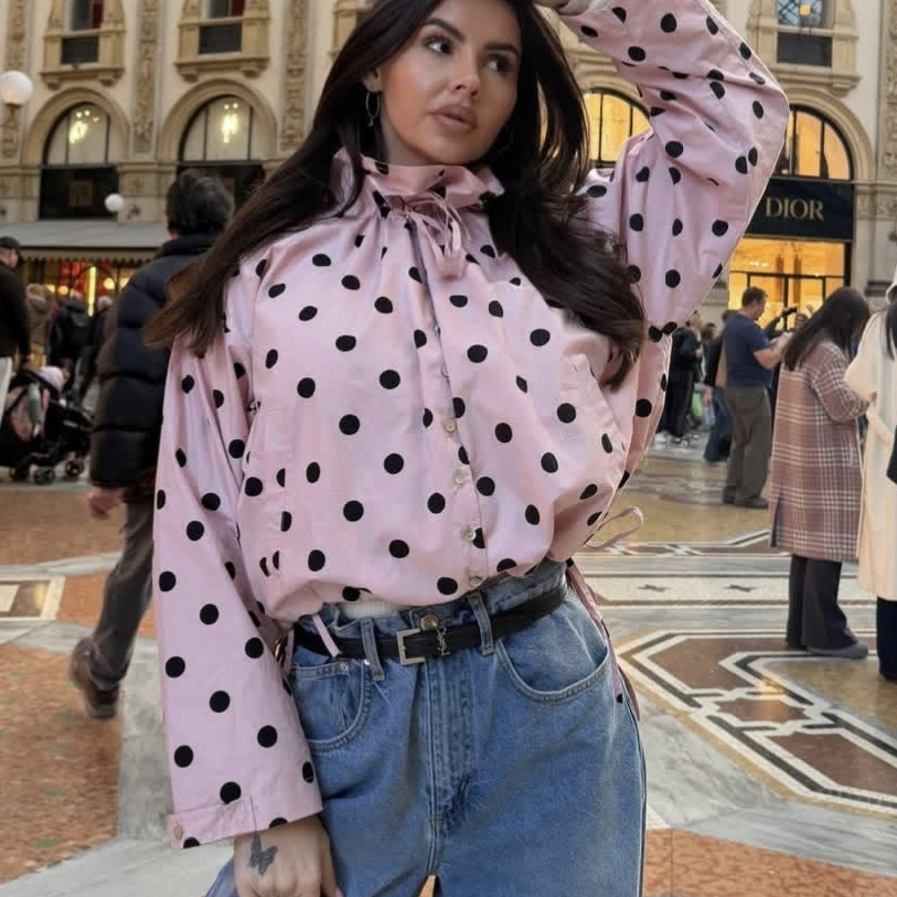 Single-breasted Stand Collar Bow-Tied Polka Dot Coat For Women