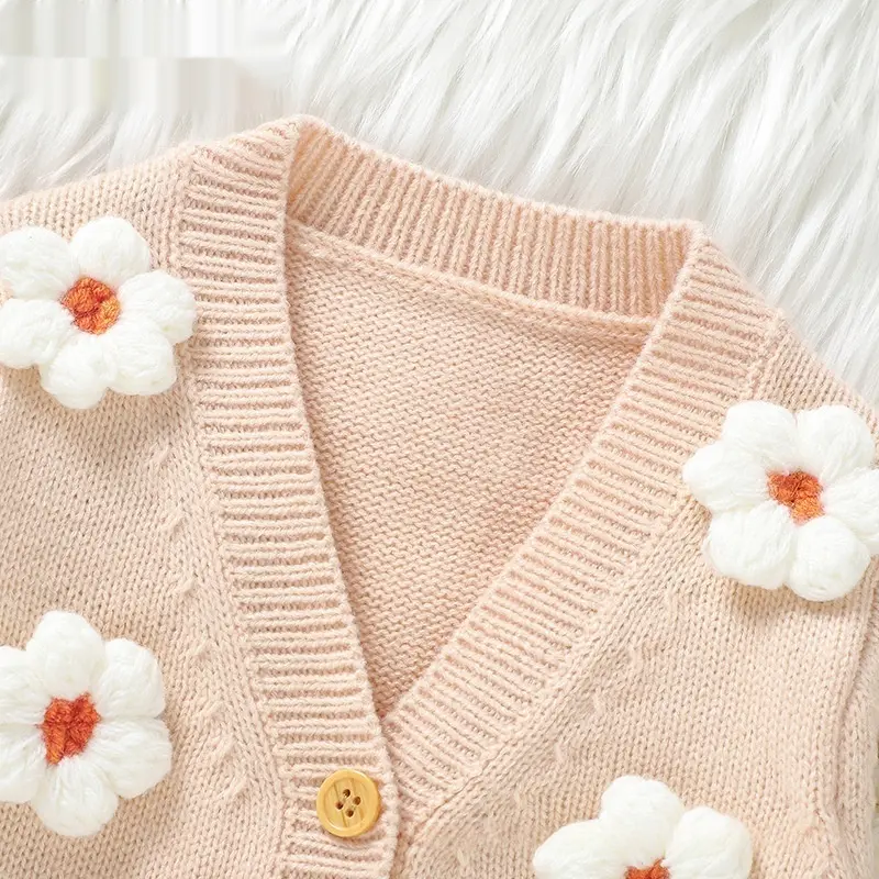 Childrens Cute Handmade 3D Flower Knitted Cardigan