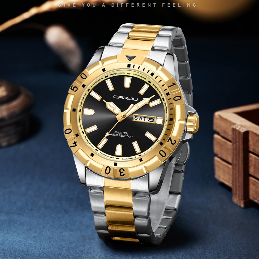 Mens Large-Dial Waterproof Dual-Date Business Watch