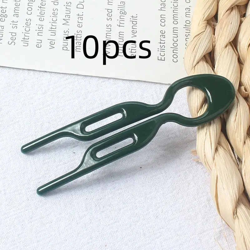 U-Shaped Hair Fork for Styling and Updos, Plastic Resin Hair Pin — Dark Green, 10PCS