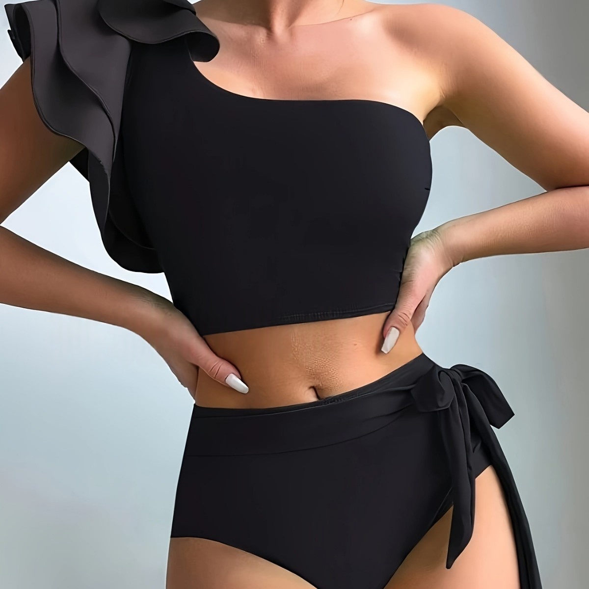 Solid-color Off-shoulder High-waist Set