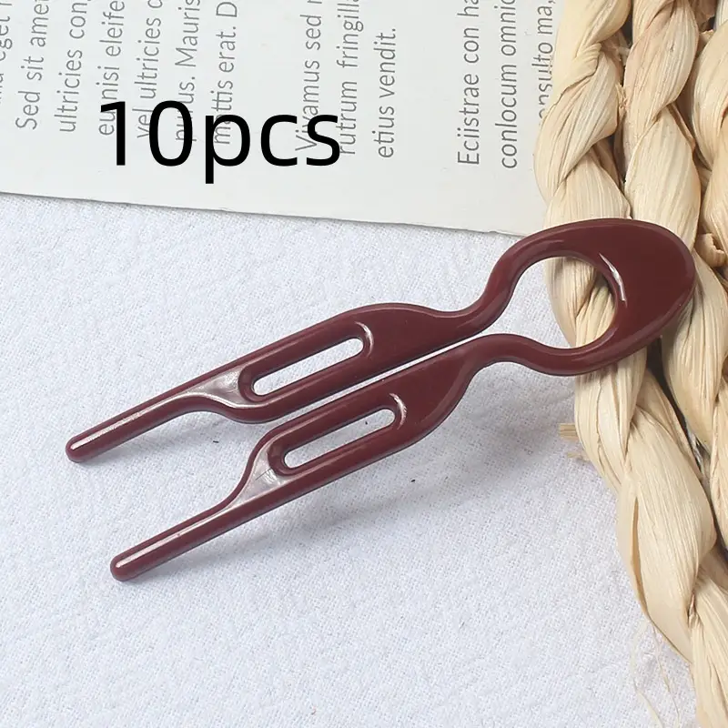 U-Shaped Hair Fork for Styling and Updos, Plastic Resin Hair Pin — Coffee Color, 10PCS