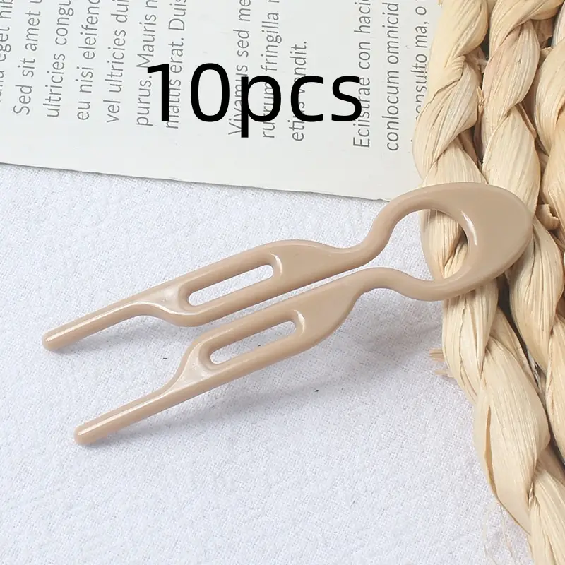 U-Shaped Hair Fork for Styling and Updos, Plastic Resin Hair Pin — Khaki, 10PCS