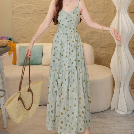 Strap V-neck Green Resort-style Strap Sleeveless Floral Print Dress