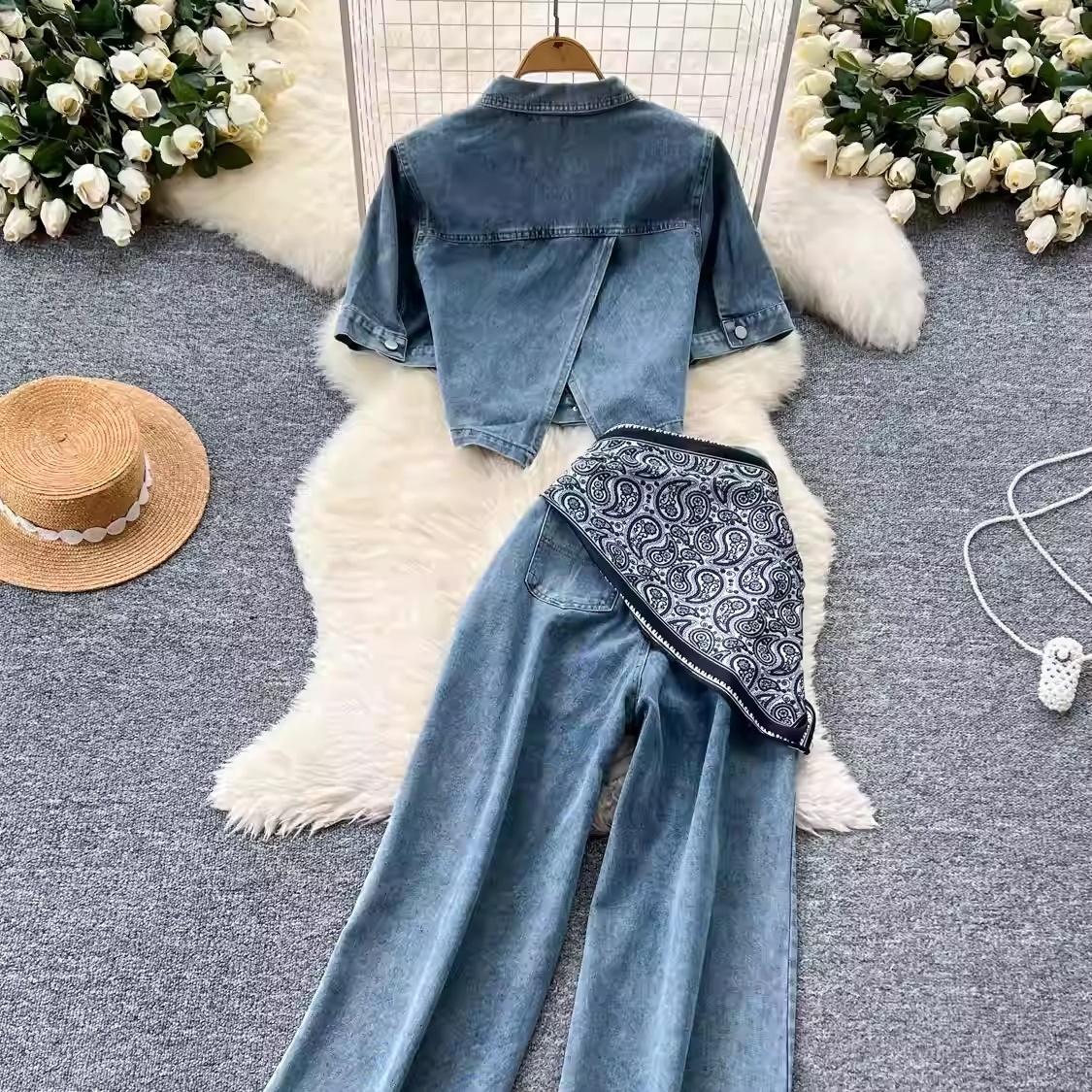 Womens Single-Breasted Short Denim Jacket And Wide-Leg Pants Set