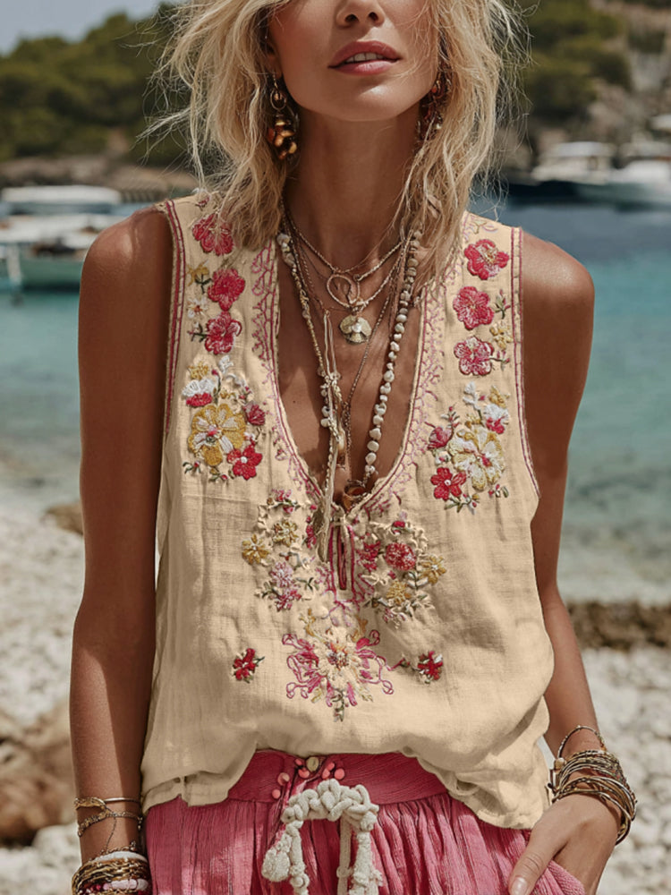 Women's Botanical Floral Print V-Neck Tank Top – Front View