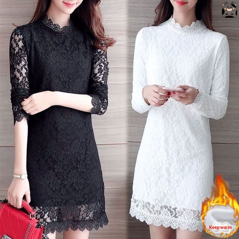 Plus-size Outerwear Long-sleeve Fleece-lined Warm Lace Dress