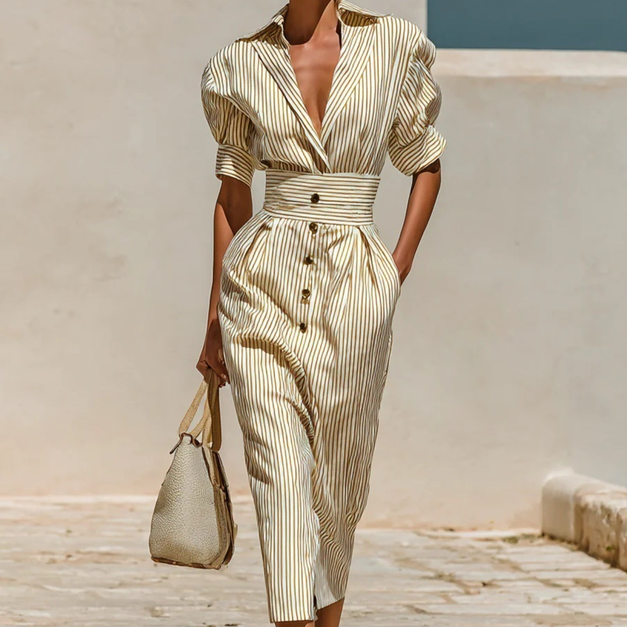 Commuter-style Striped Lace-up Dress