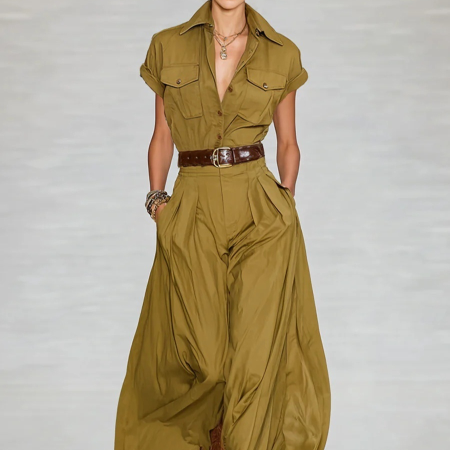 Short-sleeve Shirt-style Long Dress With Pockets