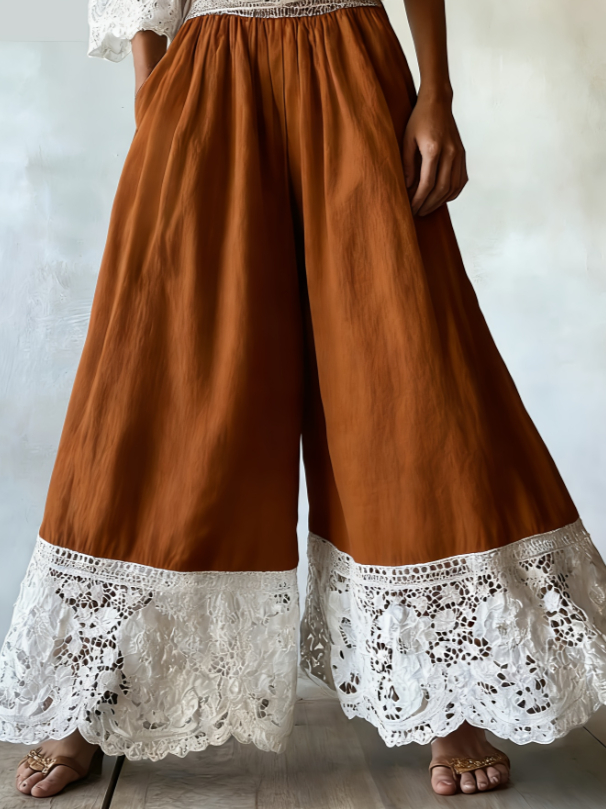 Color-blocked Lace Trim High-waisted Wide-leg Pants