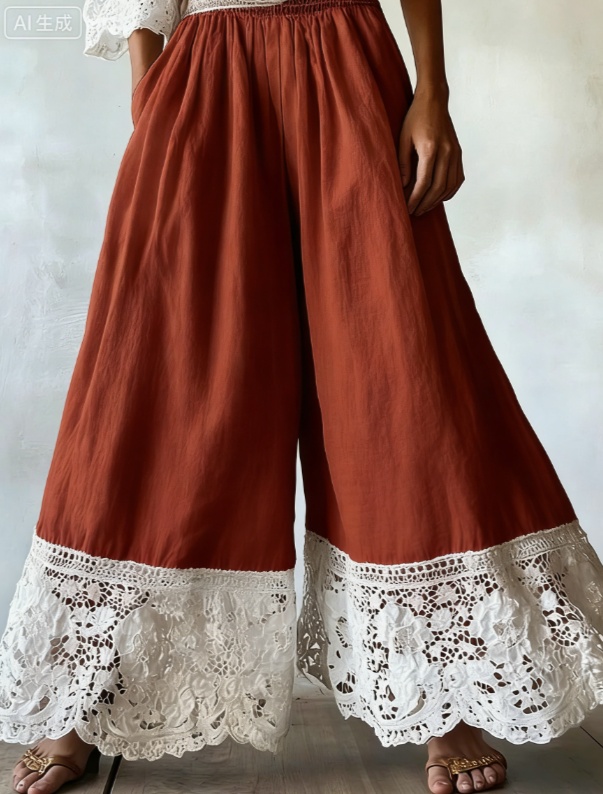 Color-blocked Lace Trim High-waisted Wide-leg Pants