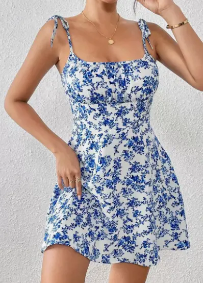 Floral Print Dress Summer Sweet A- Line Waist Trimming Dresses Women's Slimming