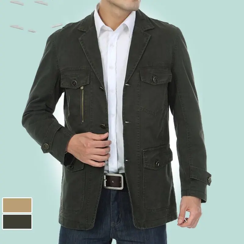 Men's Casual Suit Collar Multi-Pocket Loose Washed