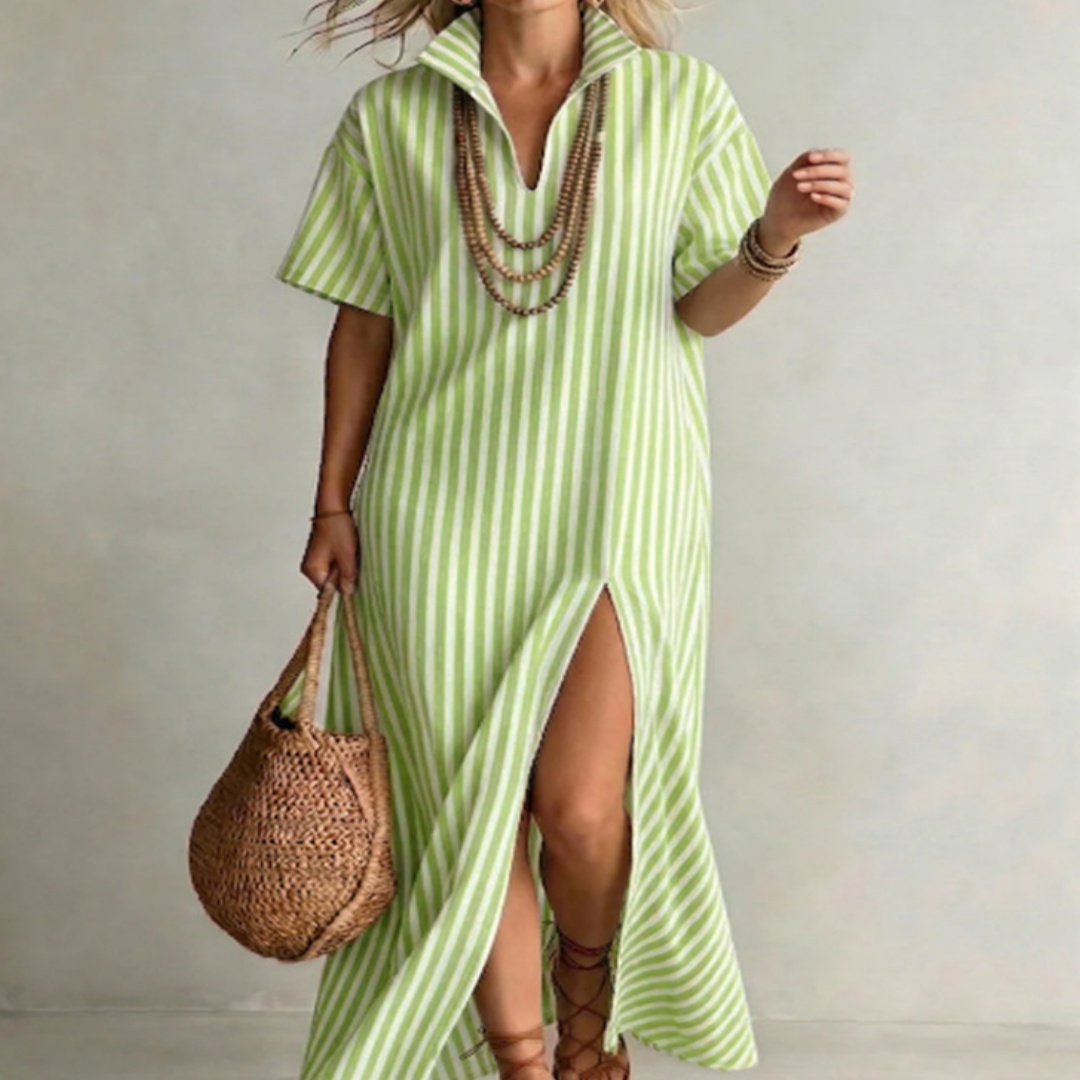 Womens V-neck Short-sleeve Striped Slit Cotton-Linen Dress