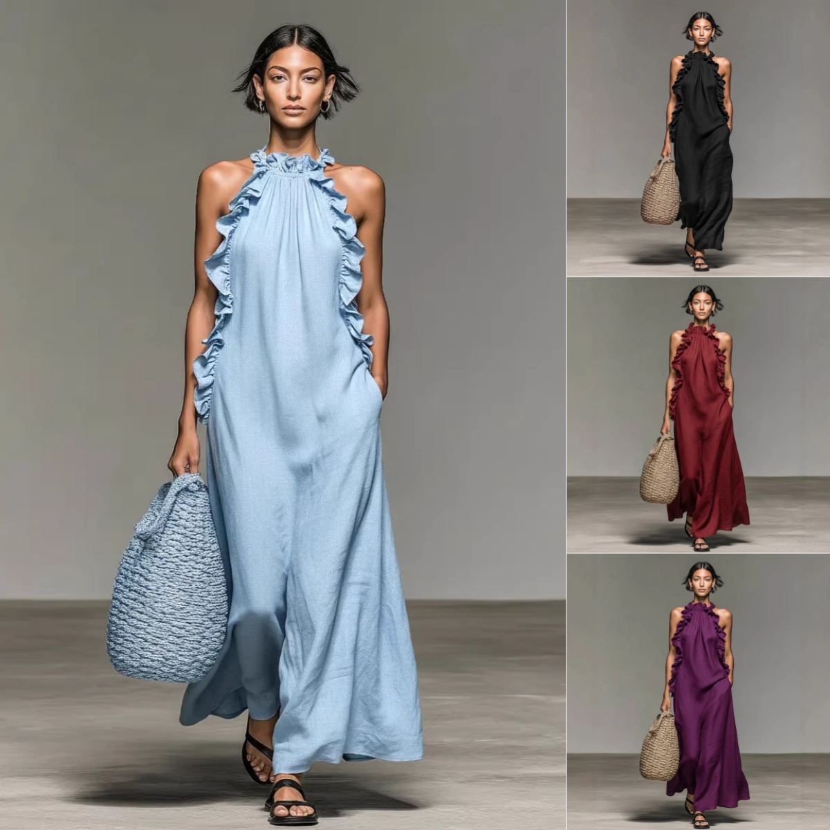 puhkekeskusstiilis rüffeldetailega halter kleit - lai ja õhuline