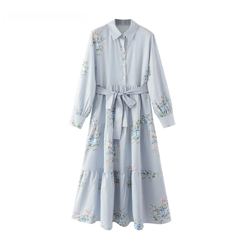 Spring Womens Fashion Long-Sleeve Lapel-Neck Printed Dress