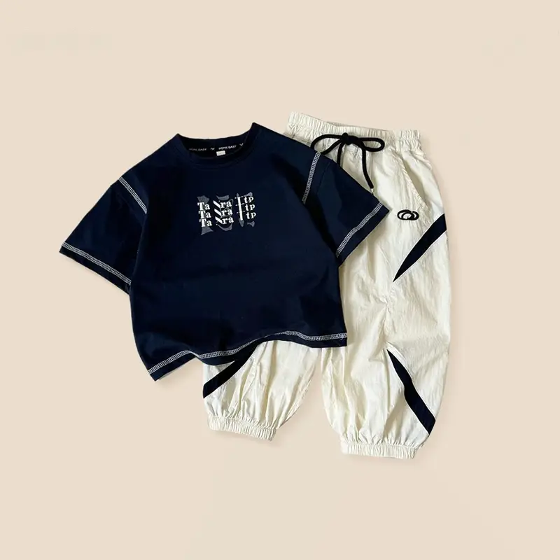 Letter-printed Loose-fitting Short-sleeve Two-piece Set For Boys
