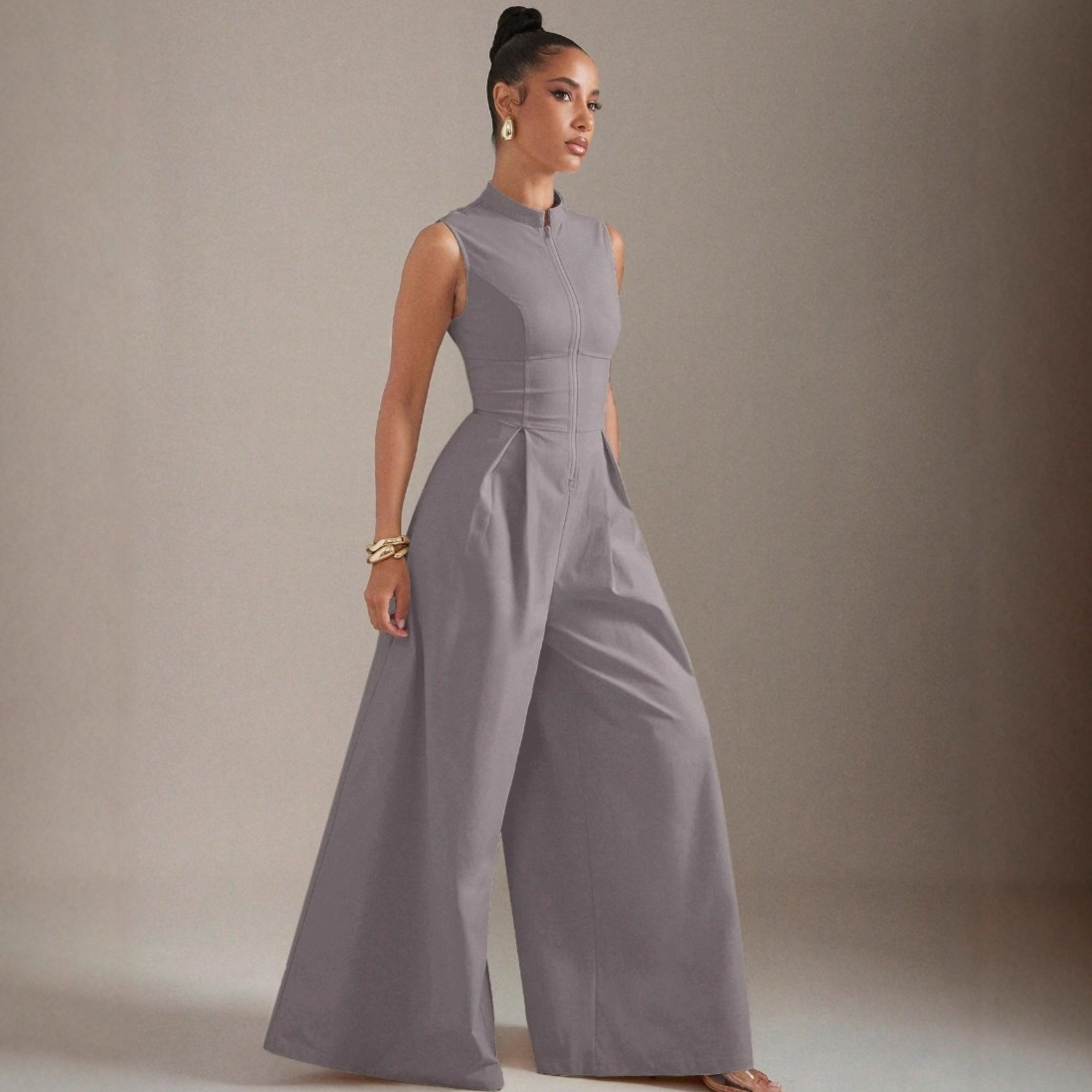 Women's Solid-color Sleeveless Zip-up Dress